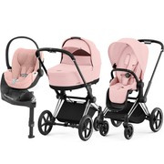 Cybex® Priam 4 zestaw 4w1, wózek głęboko-spacerowy z fotelikiem i bazą | Peach Pink + Chrome (black handle)