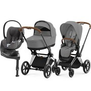 Cybex® Priam 4 zestaw 4w1, wózek głęboko-spacerowy z fotelikiem i bazą | Mirage Grey + Chrome (brown handle)