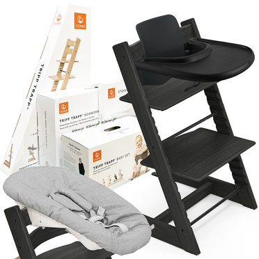 Stokke® Tripp Trapp® Complete Set zestaw 4w1, krzesełko do karmienia + leżaczek + baby set + tacka | Exclusive Oak Black (dąb)