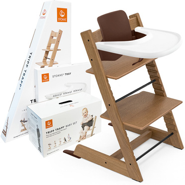 Stokke® Tripp Trapp® zestaw 3w1, krzesełko do karmienia + baby set + tacka | Exclusive Oak Warm Brown (dąb)